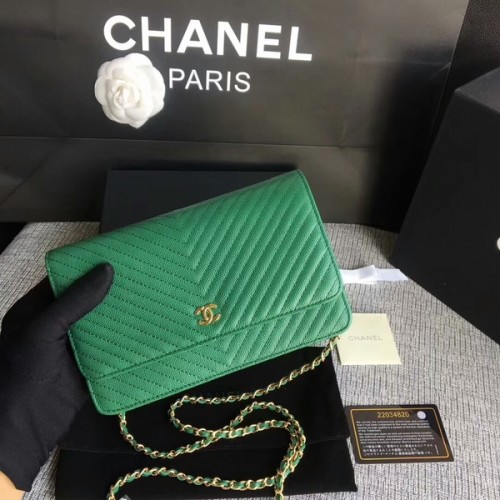 Geantă de umăr Chanel WOC Flap din piele de vițel verde A33814 aurie