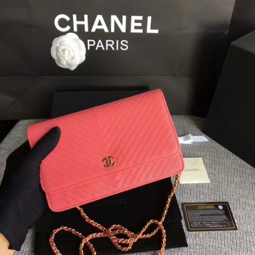 Geantă de umăr Chanel WOC Flap din piele de vițel piersică A33814 aurie
