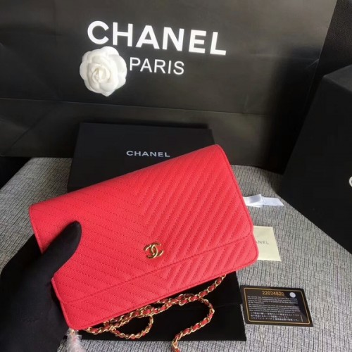Geantă de umăr Chanel WOC Flap, piele de vițel roz A33814 aurie