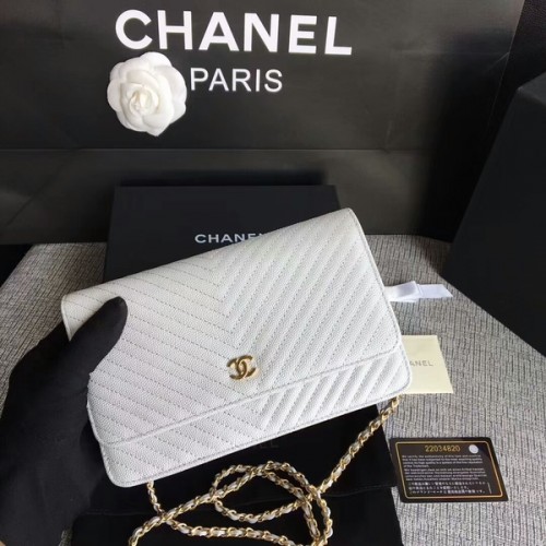 Geantă de umăr Chanel WOC Flap, piele de vițel albă A33814 aurie
