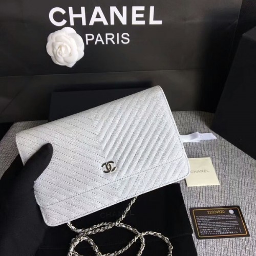 Geantă de umăr Chanel WOC Flap, piele de vițel albă A33814 argintie