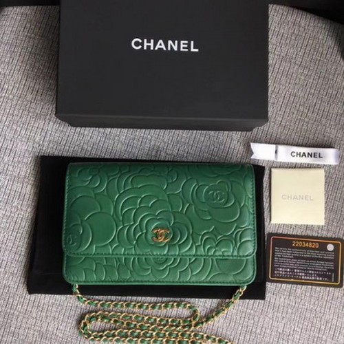 Geantă mini cu clapă Chanel WOC Green Camellia din piele A33814 Auriu