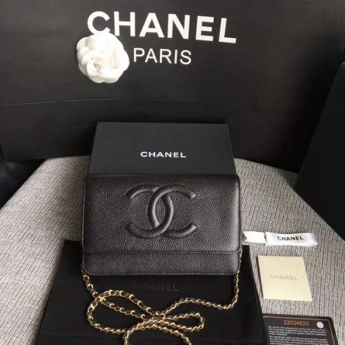 Geantă de umăr Chanel WOC Original din piele de vițel neagră 33814 Glod