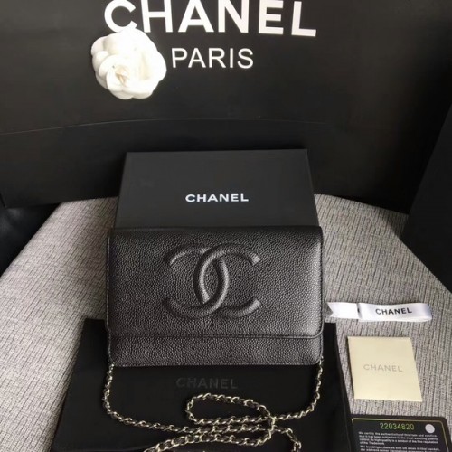 Geantă de umăr Chanel WOC Original din piele de vițel neagră 33814 argintie