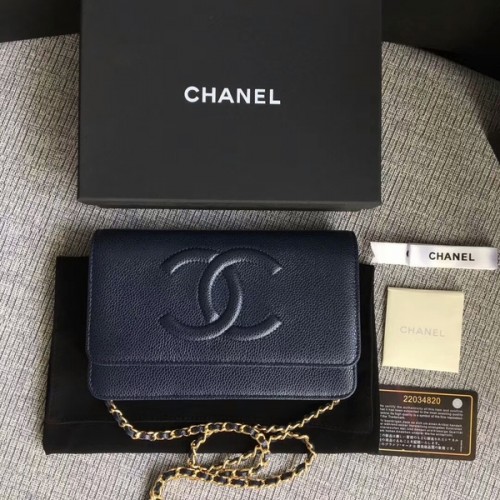 Geantă de umăr Chanel WOC Original din piele de vițel albastru închis 33814 Glod