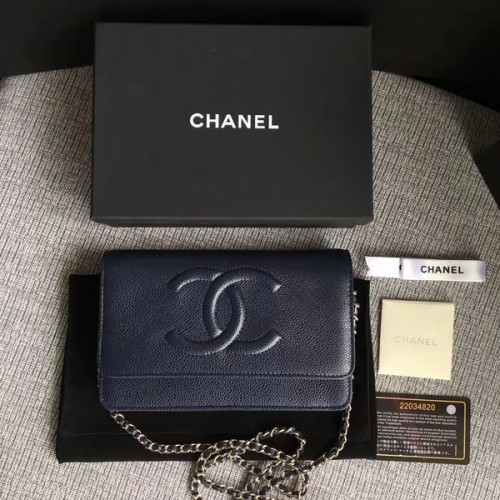 Geantă de umăr Chanel WOC Original din piele de vițel albastru închis 33814 argintie