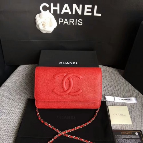 Geantă de umăr Chanel WOC Original din piele de vițel roșie 33814 argintie