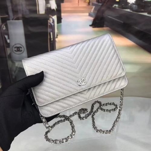Geantă crossbody Chanel WOC Original Caviar Leather Flap E33814 argintie