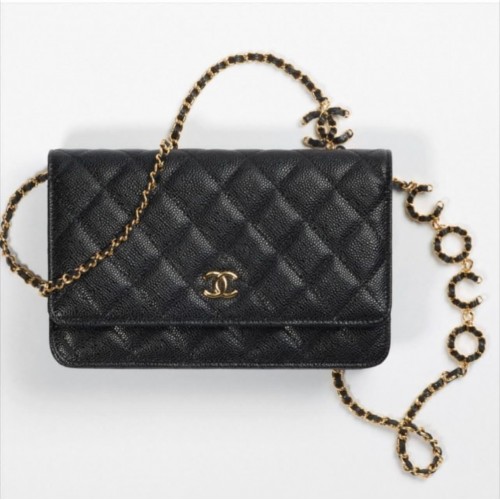 Geantă crossbody Chanel WOC Original Caviar Leather Flap CC33814 neagrăLanț auriu
