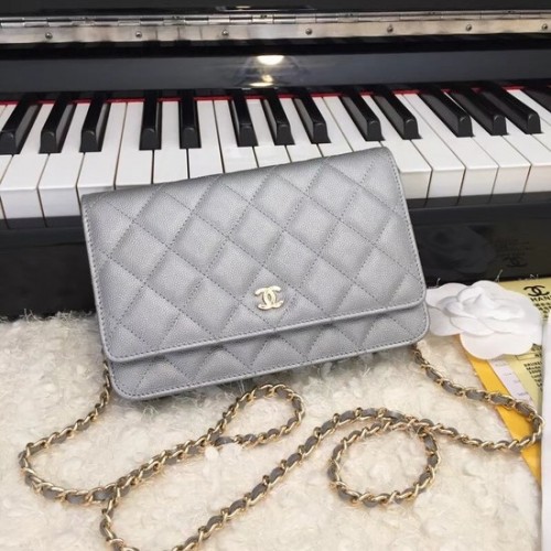 Geantă crossbody Chanel WOC Original Caviar Leather Flap CF33814 Gri argintiu Lanț auriu