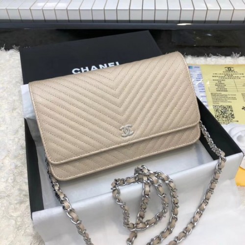 Geantă crossbody Chanel WOC Original Caviar Leather Flap E33814 lanț auriu-argintiu