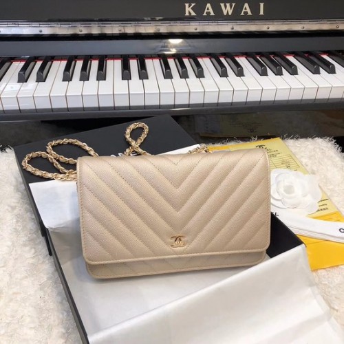 Geantă crossbody Chanel WOC Original Caviar Leather Flap V33814 Gold Lanț de aur