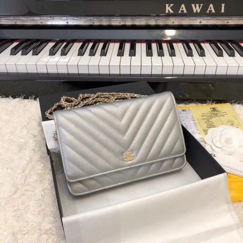 Geantă crossbody Chanel WOC Original Caviar Leather Flap V33814 Lanț auriu gri argintiu