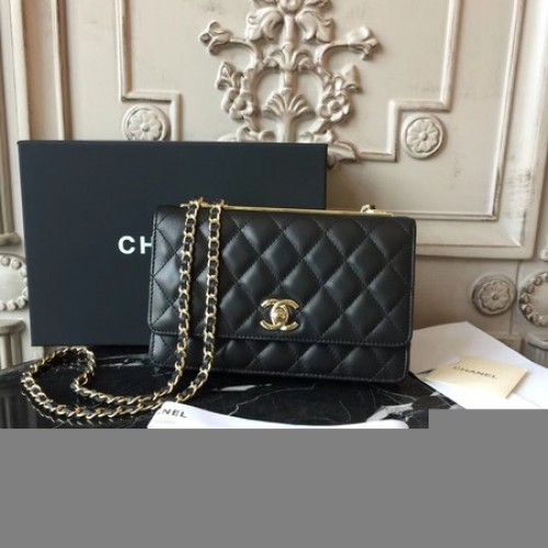Geantă de umăr Chanel WOC Original din piele de oaie D33814 Negru