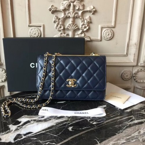 Geantă de umăr Chanel WOC Original din piele de oaie D33814 Albastră