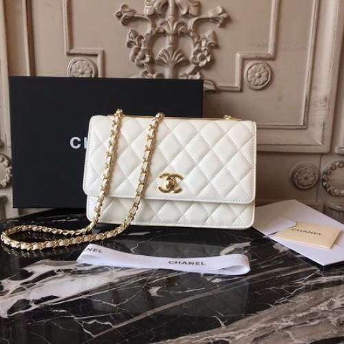 Geantă de umăr Chanel WOC Original din piele de oaie D33814 Alb-gălbui