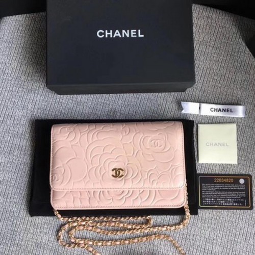 Geantă mini cu clapă Chanel WOC Pink Camellia din piele A33814 Auriu