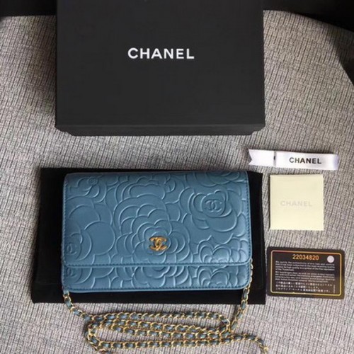 Geantă mini cu clapă Chanel WOC Skyblue Camellia din piele A33814 Auriu
