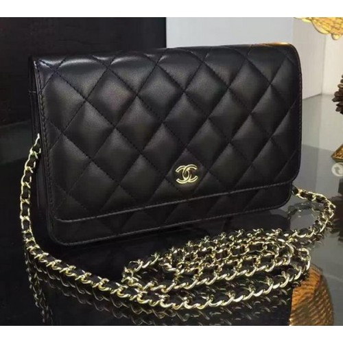 Geantă Chanel WOC mini cu clapă din piele de oaie neagră A5373 aurie