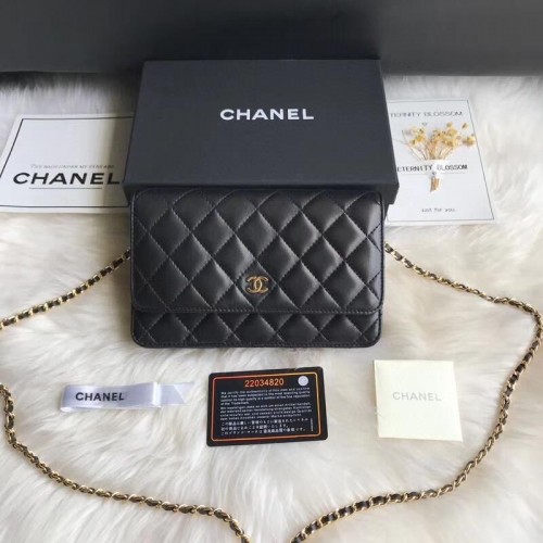 Geantă Chanel WOC mini cu clapă, model Cannage A33816C, neagră