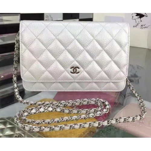 Geantă Chanel WOC mini cu clapă din piele de cerb A5375 argintie