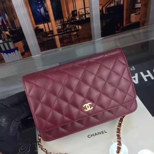 Geantă Chanel WOC mini cu clapă, piele de miel originală A5373, culoare vișinie