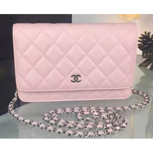 Geantă Chanel WOC mini cu clapă din piele de oaie roz A5373 argintie