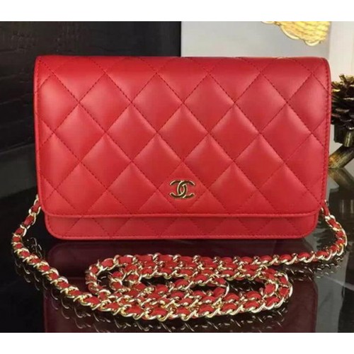 Geantă Chanel WOC mini cu clapă din piele de oaie roșie A5373 aurie