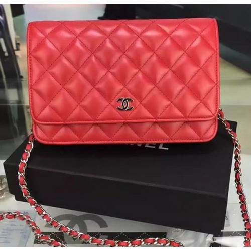 Geantă Chanel WOC mini cu clapă din piele de oaie roșie A5373 argintie