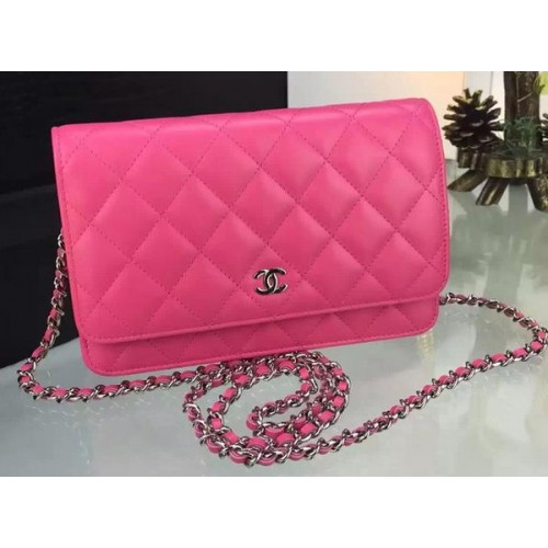 Geantă Chanel WOC mini cu clapă din piele de oaie roz A5373 argintie