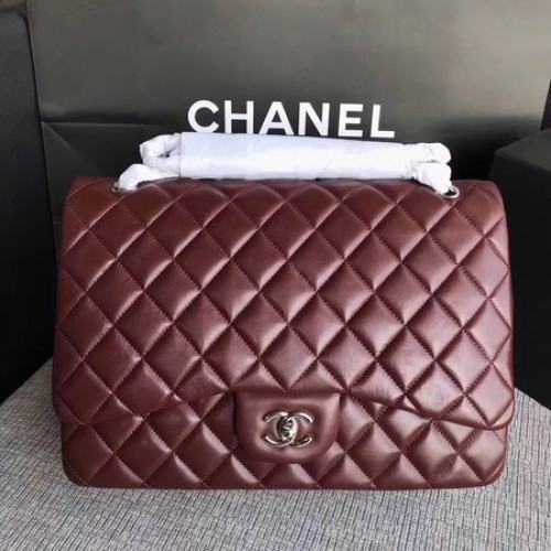 Geantă Chanel Maxi Matlasată Clasică Flap, Piele de Oaie Vin A58601 Argintiu