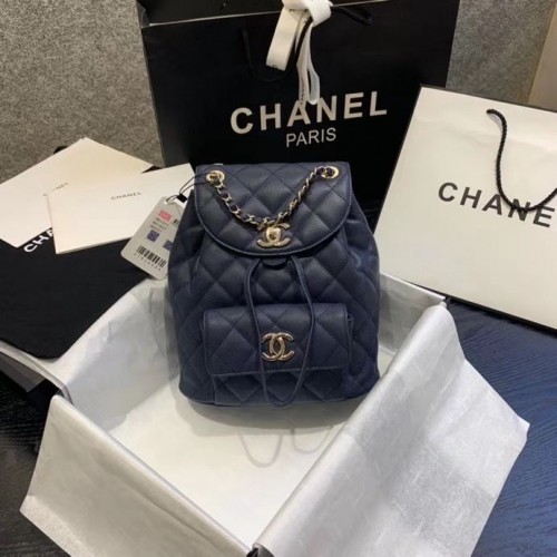 Rucsac Chanel Piele de vițel granulată Metal auriu AS1371 Bleumarin