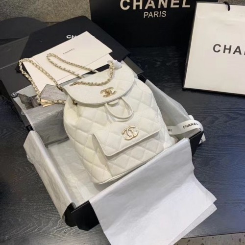 Rucsac Chanel Piele de vițel granulată Metal auriu AS1371 Alb
