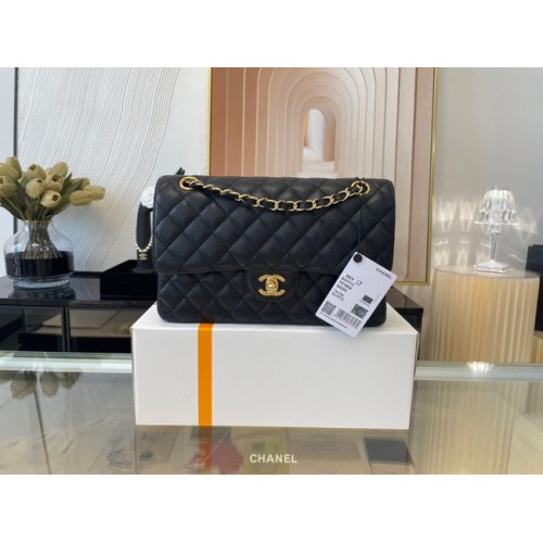 Geantă Chanel clasică Piele de vițel granulată și metal auriu 01112 neagră