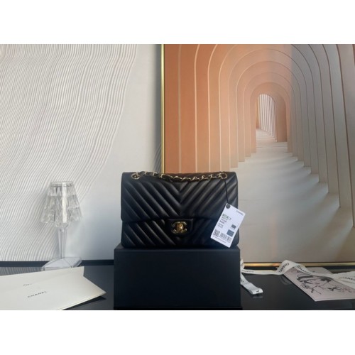 Geantă Chanel clasică din piele de miel aurie Metal V01112 neagră