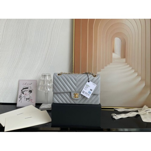 Geantă Chanel clasică din piele de miel aurie Metal V01112 gri