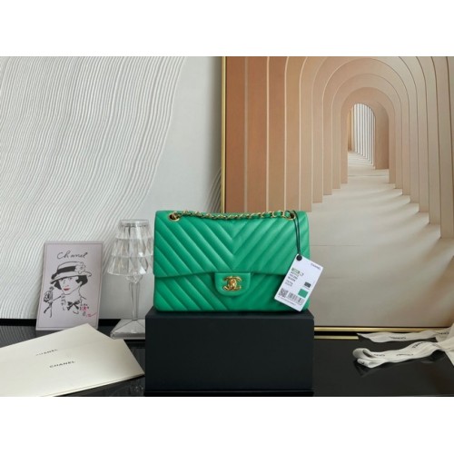 Geantă Chanel clasică din piele de miel, auriu, metalic, V01112 verde