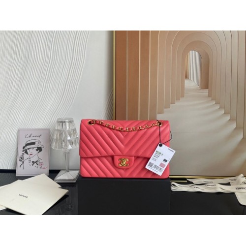 Geantă Chanel clasică din piele de miel aurie Metal V01112 roz