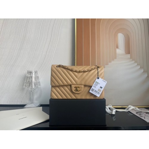 Geantă Chanel clasică din piele de miel argintie Metal V01112 maro