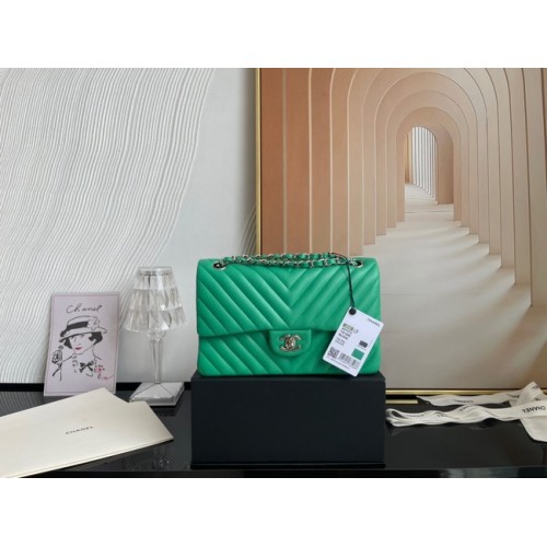 Geantă Chanel clasică din piele de miel argintie Metal V01112 verde