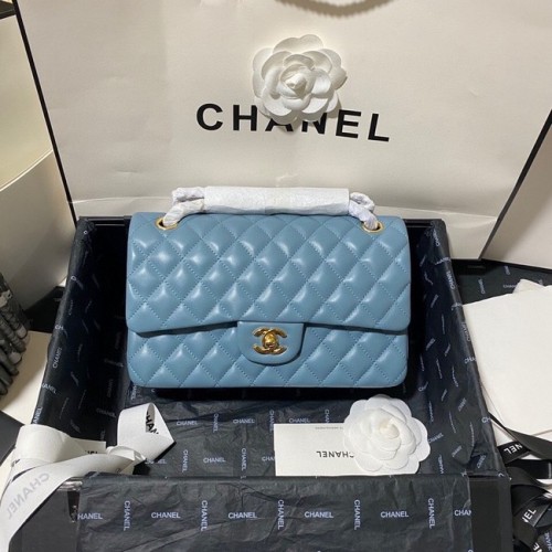 Geantă Chanel clasică din piele de miel și metal auriu 01112 albastră