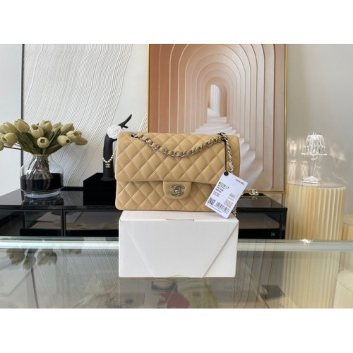 Geantă Chanel clasică din piele de miel și metal argintiu 01112 caisă