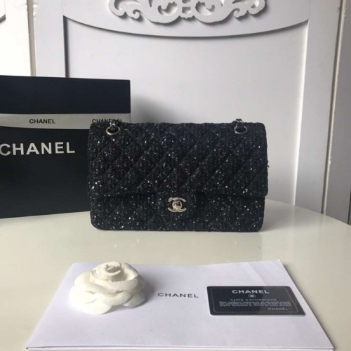 Geantă clasică Chanel Tweed Braid Metal argintiu A01112-2