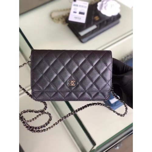 Portofel clasic Chanel cu lanț, piele de vițel granulată, metal argintiu 33814, negru perlat