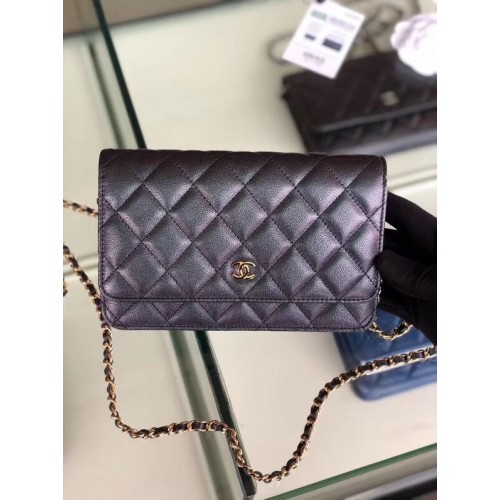 Portofel clasic Chanel cu lanț, piele de vițel granulată, metal auriu 33814, negru perlat