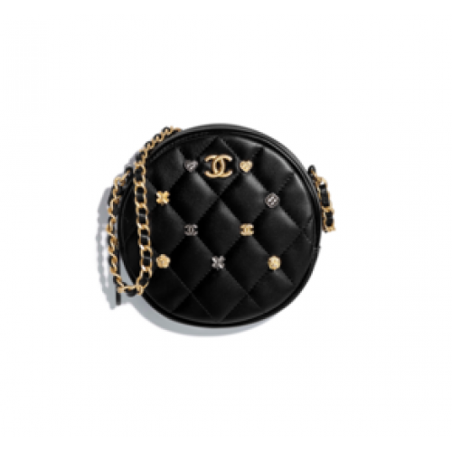 Clutch Chanel cu lanț din piele de miel, metal auriu A81620 negru