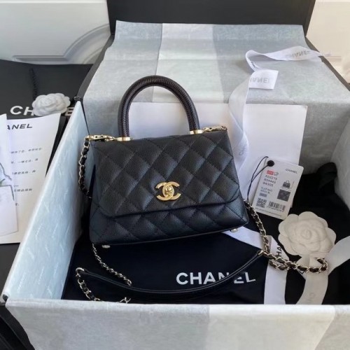 Geantă Chanel Coco mini cu clapă și mâner superior AS2215 neagră
