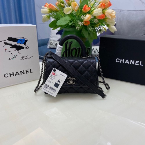 Geantă Chanel Coco mini cu clapă și mâner superior AS2215 negru și metal argintiu