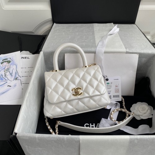 Geantă Chanel Coco mini cu clapă și mâner superior AS2215 albă