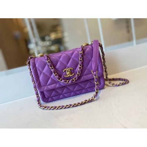 Geantă Chanel cu clapă, piele de vițel, metal auriu AS2055 violet